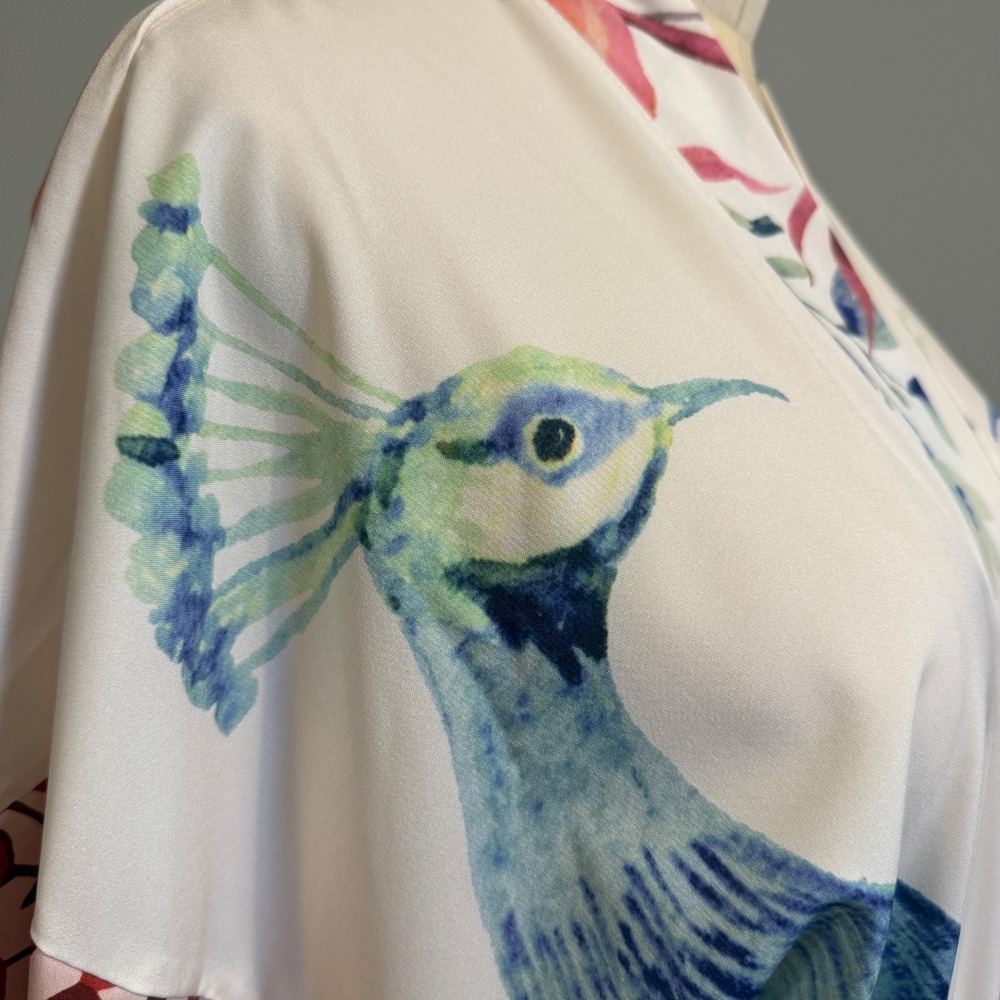 Peacock Floral Satin Kimono Robe One Size Belted Long Duster Cover Up Loungewear - Picture 5 of 15